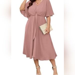SCOMCHIC Women's Plus Size Midi Dress Short Sleeve V Neck Tie Waist FlowyA-Line